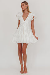 Irenna Ruffle Sleeve V-Neck Mini Dress Textured White