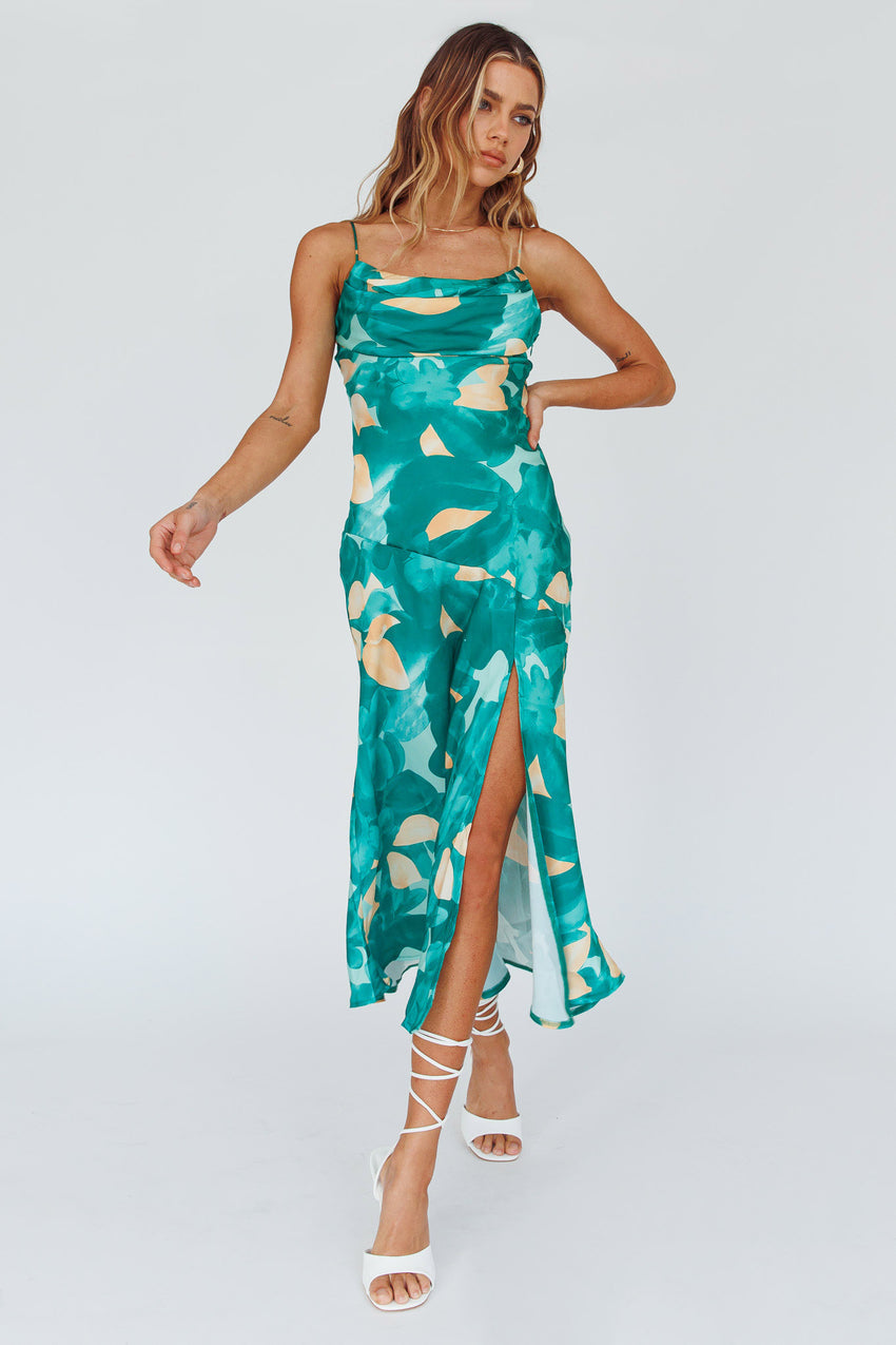 Well Versed Pleated Bust Front Split Dress Flora Green