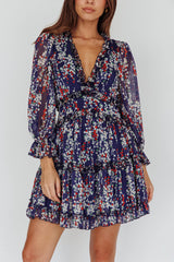 Laney Cutout Back Ruffle Detail Floral Dress Navy