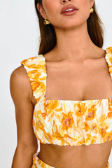 Suenito Gathered Crop Top Floral Orange