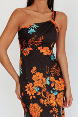 Fly Love Satin One Shoulder Maxi Dress Floral Black