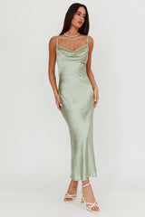 Gentle Touch Cowl Neck Satin Maxi Dress Sage