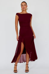 Moonlit Magic Asymmetric Neckline Maxi Dress Wine