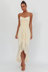 Kamilah Gathered Cascading Ruffle Midi Dress Butter
