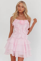 Sweetest Things Frill Trim Rosette Mini Dress Pink
