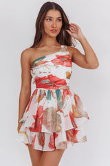 Raelene One-Shoulder Ruffle Romper Floral Red