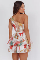 Raelene One-Shoulder Ruffle Romper Floral Red