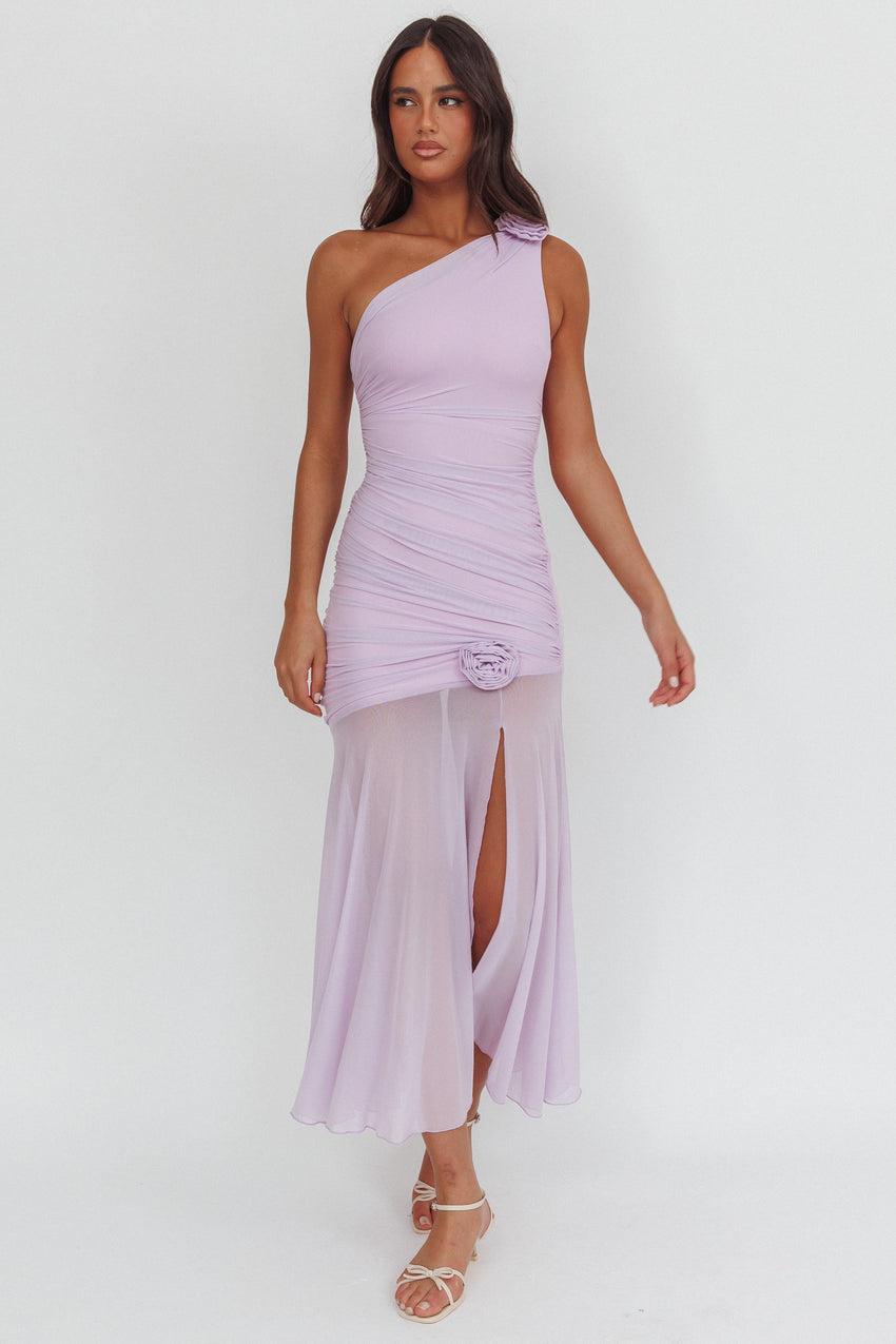 Lost Love One-Shoulder Sheer Hem Maxi Dress Lilac