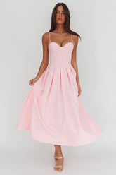 Kearsy Box Pleat Sweetheart Neckline Midi Dress Pink