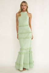 Haze Frill Trim Halterneck Maxi Dress Sage