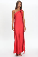 Star Fall One-Shoulder Rosette Maxi Dress Red