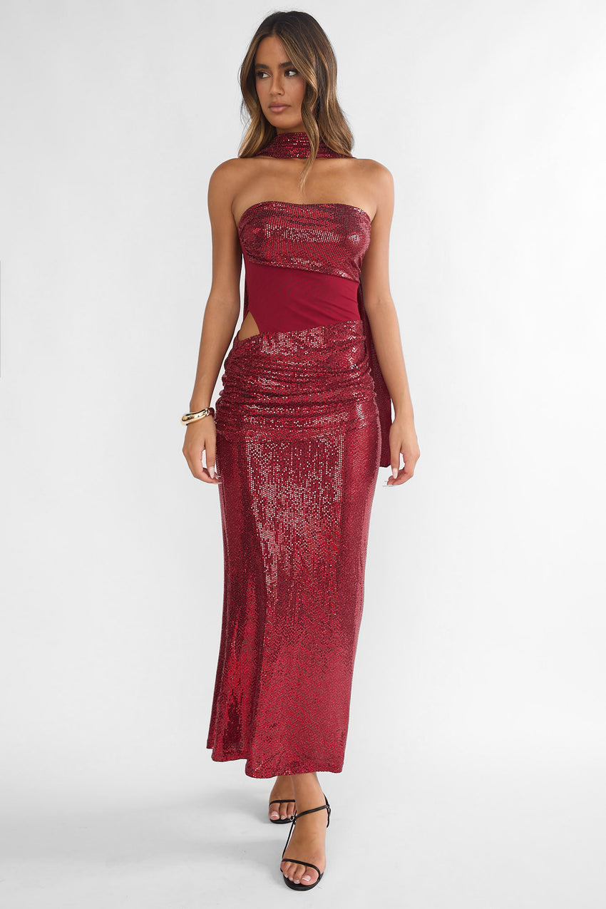 Seraphinna Strapless Cut-Out Maxi Dress Sequin Red