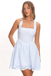 Aveline Eyelet Lace-Up Back Mini Dress Blue