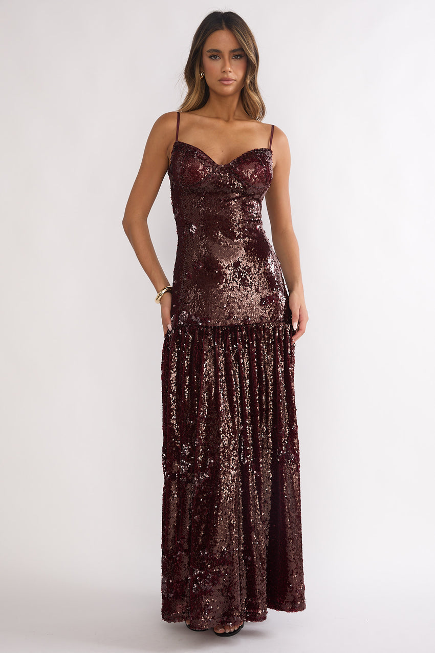 Miller Drop Waist Sequin Maxi Dress Burgundy