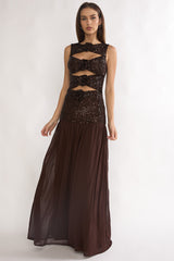 Dioris Rosette Cut-Out Sequin Maxi Dress Sequin Choco