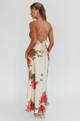 Aspen Spring Lace-Up Back Maxi Dress Floral Beige