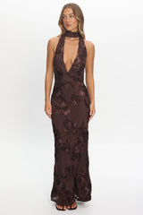 Cipriana Backless Halter Maxi Dress Embellished Brown