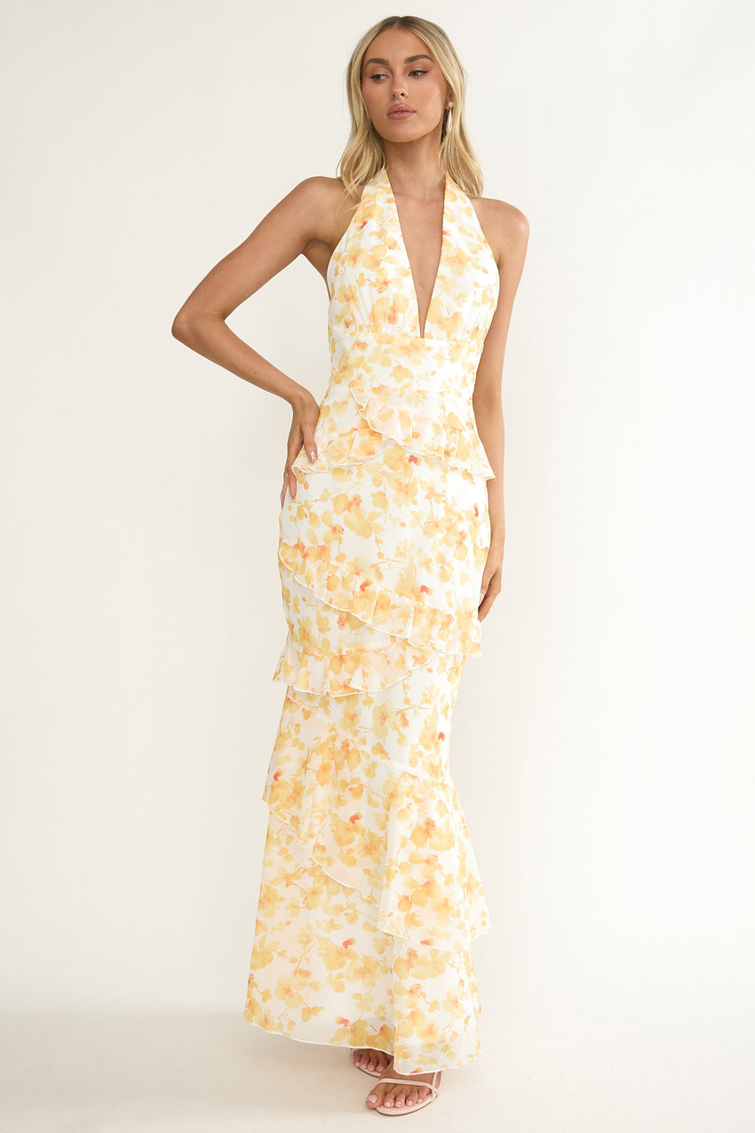 Cipriana Frill Trim Halter Maxi Dress Floral Yellow
