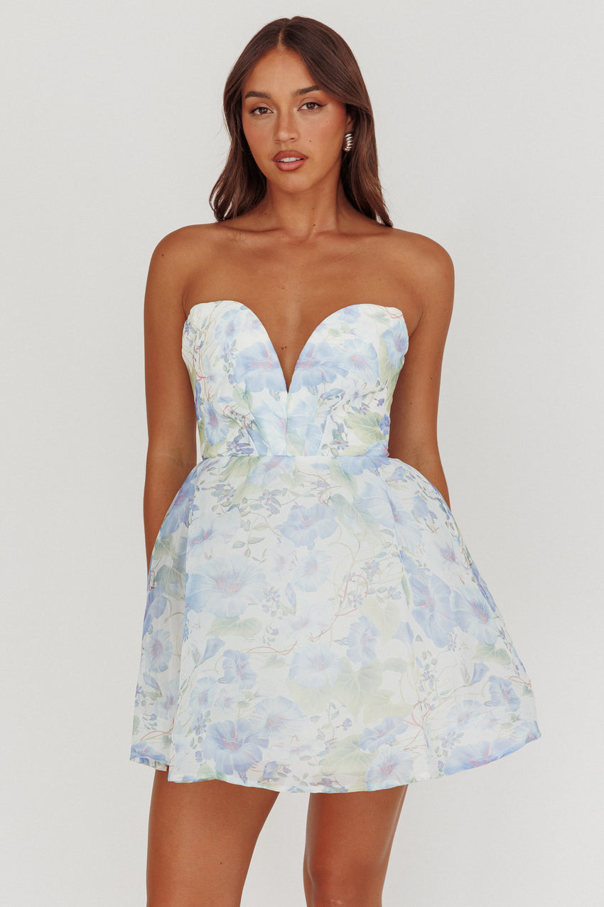 Gem Deep Sweetheart Neckline Mini Dress Floral Blue