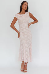 Diana Asymmetric Shoulder Godet Maxi Dress Lace Pink