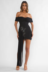 Dahlisse Off-Shoulder Sash Mini Dress Black