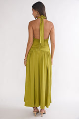 Nightbloom Ruched Waist Halter Maxi Dress Olive