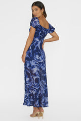 Park Avenue Puff Sleeve Midi Dress Print Blue