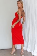 Nohemi Strapless Diamante Midi Dress Red