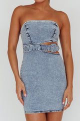 Jett Buckle Waist Mini Dress Denim Blue