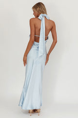 Italia Azure Crossover Halterneck Maxi Dress Ice Blue