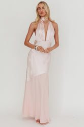Italia Azure Halterneck Sheer Hem Maxi Dress Blush