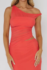 Lorely Ruched Bodice Twist Strap Midi Dress Watermelon