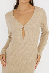So Emotional Long Sleeve Cut-Out Knit Dress Oat