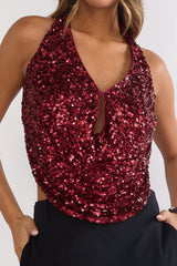 Marquess Backless Halter Top Sequin Cherry