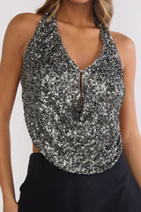 Marquess Backless Halter Top Sequin Gunmetal