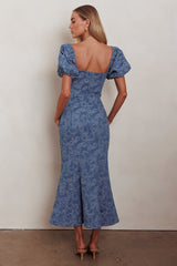 Feeling Electric Puff Sleeves Mermaid Maxi Dress Denim Blue