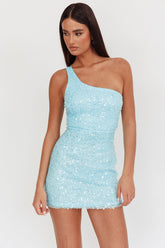 Disco Baby One-Shoulder Sequin Mini Dress Light Blue