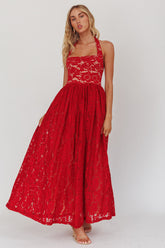 Hendrix Halterneck A-Line Lace Maxi Dress Cherry