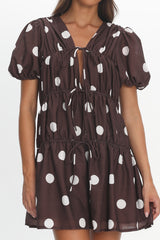 Antibes Tie Front Puff Sleeve Mini Dress Chocolate/White