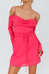 Teava Off-Shoulder Sleeve Laced Mini Dress Hot Pink