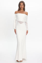 Marlowe Off-Shoulder Sheer Waist Maxi Dress Off White