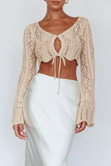 Maycie Long Sleeve Crochet Crop Top Beige