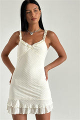 Riri Frill Strap Textured Mini Dress Ivory
