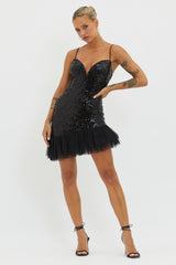 Sassafras Tulle Hem Sequin Mini Dress Black