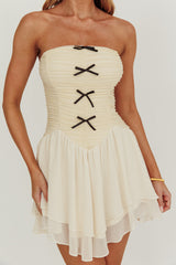 Cherry Lips Strapless Chiffon Mini Dress Cream