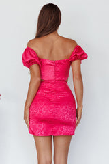 Eryn Puff Sleeve Jacquard Mini Dress Hot Pink