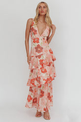 Veda Strappy Back Ruffle Maxi Dress Poppies Red