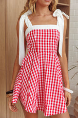 Jeanie Tied Shoulder Mini Dress Gingham Red