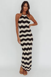 Yelena Halter Neck Knit Maxi Dress Zig-Zag Cream