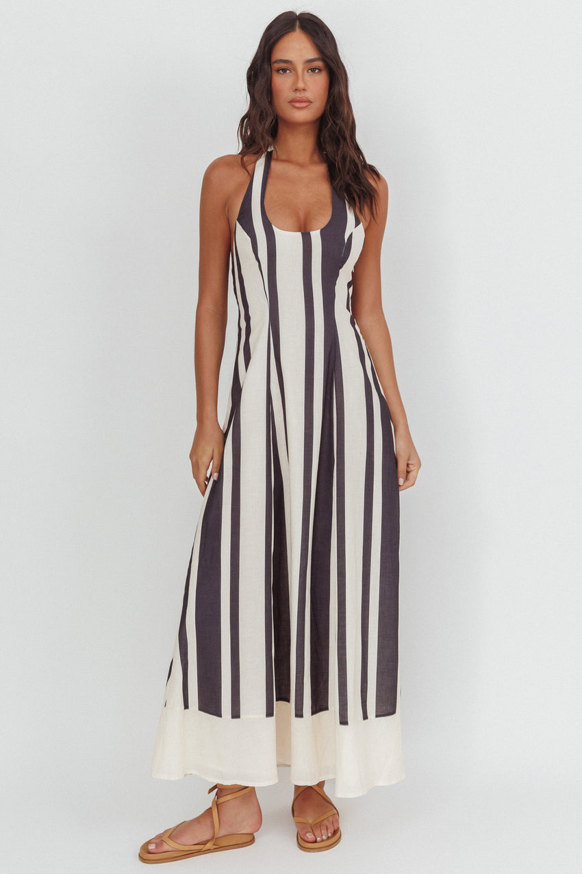 Florie Scoop Neck Halter Maxi Dress Stripe Black